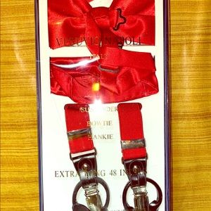 Red bow tie, red handkerchief, & red suspenders